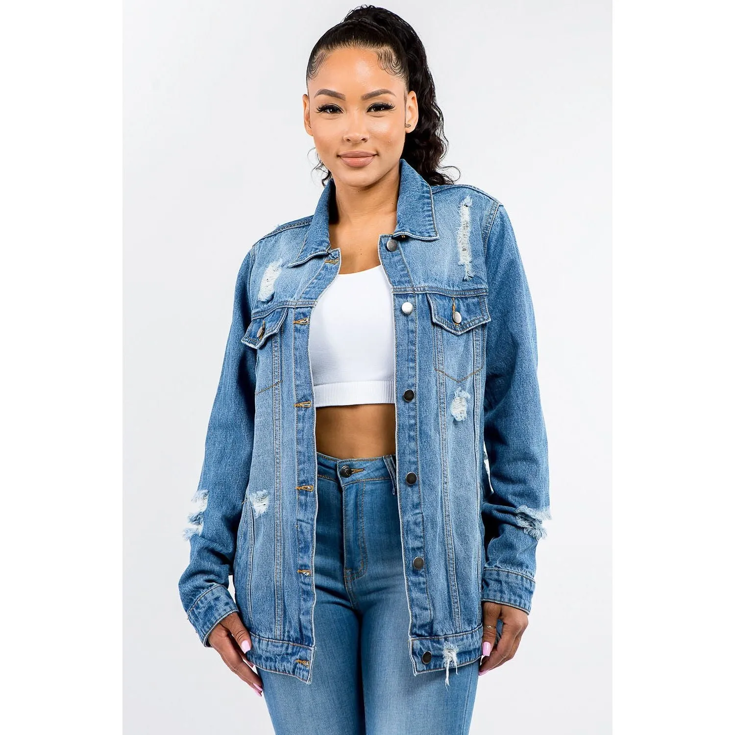 American Bazi Button Up Distressed Denim Jacket