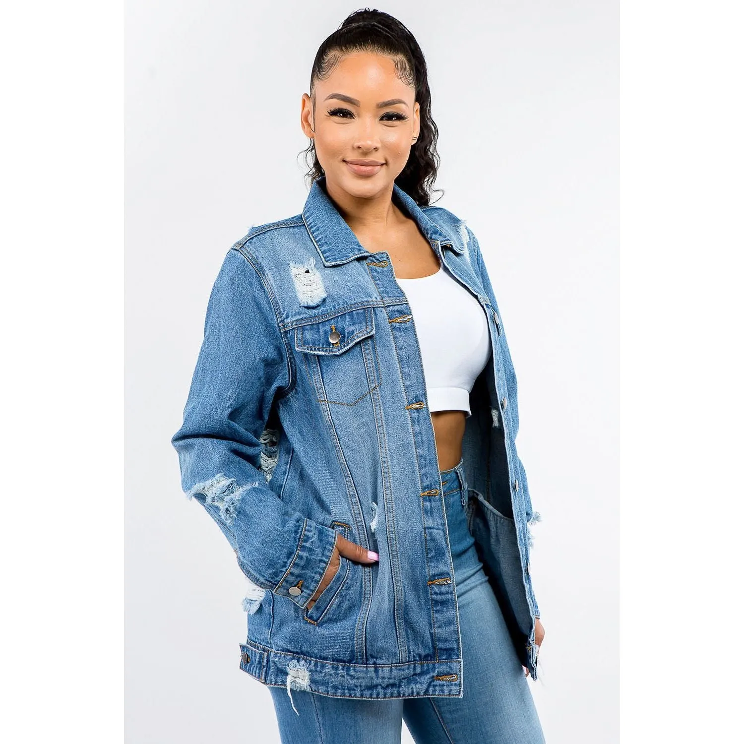 American Bazi Button Up Distressed Denim Jacket