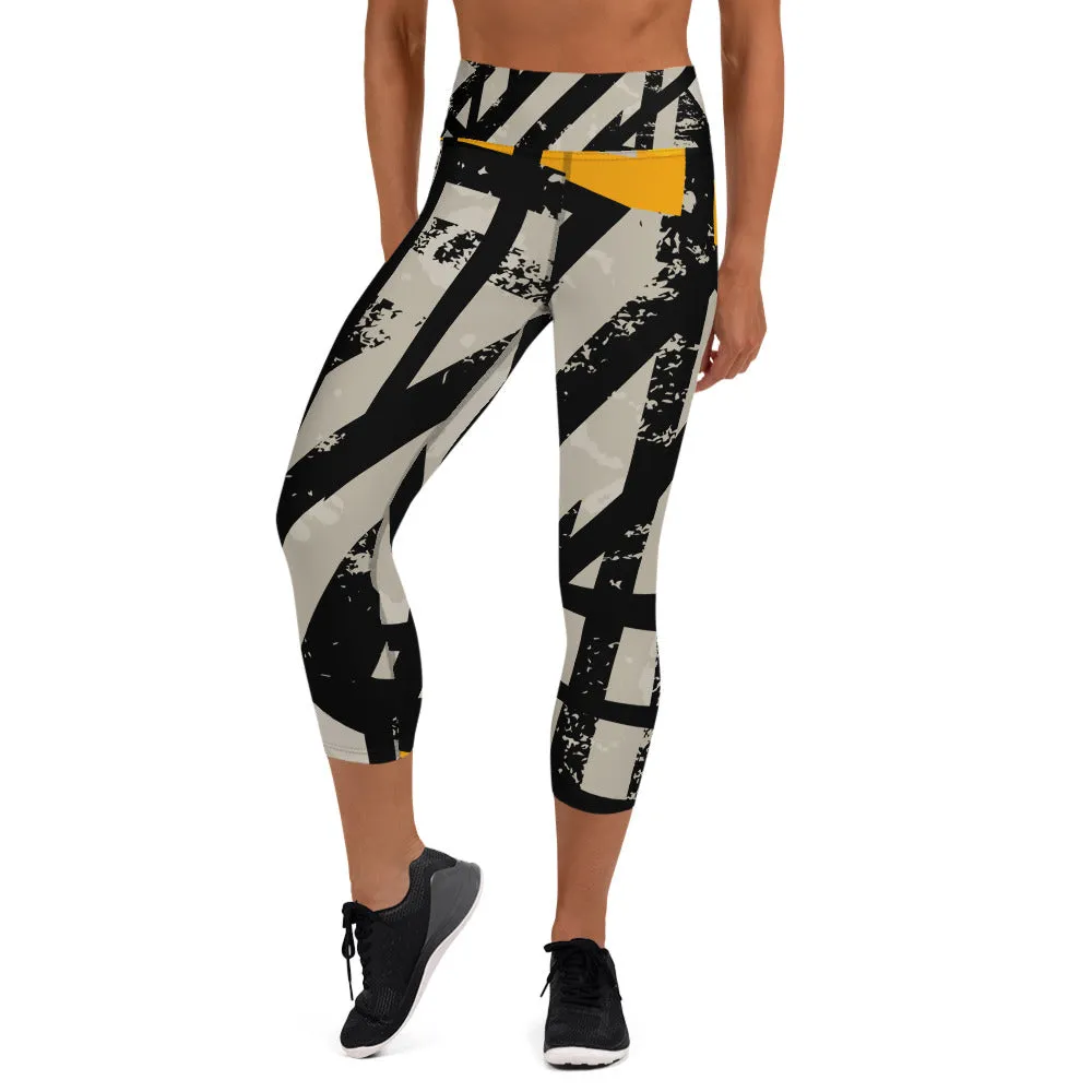 Black and Gold Yoga Capri Leggings
