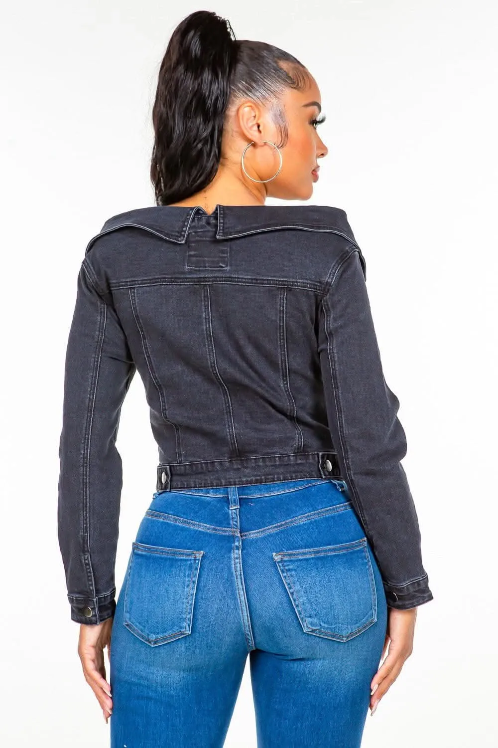Chic off-shoulder lace-up denim jacket