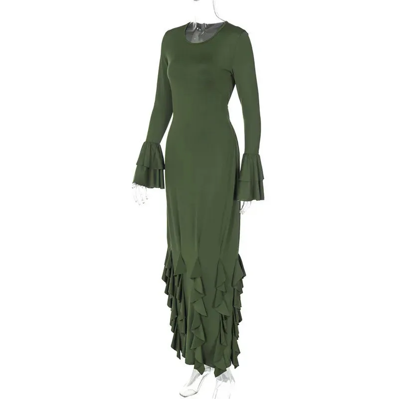 Elegant Flowy Ruffled Evening Dress with Bell Cuffs