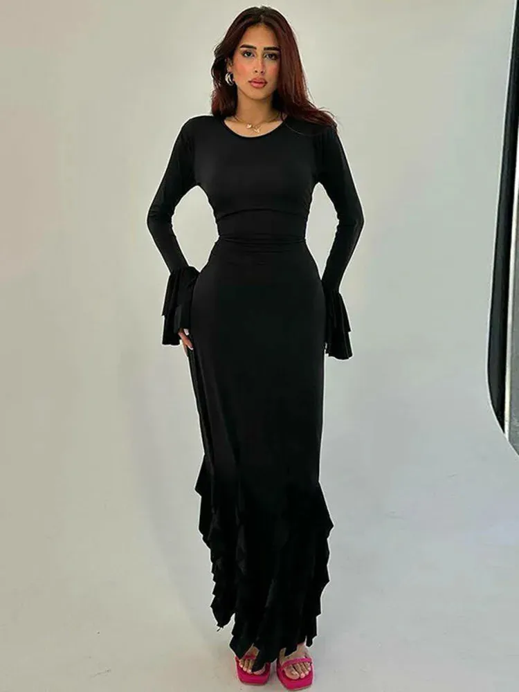 Elegant Flowy Ruffled Evening Dress with Bell Cuffs