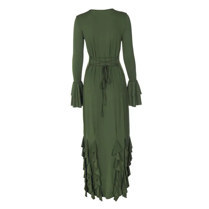 Elegant Flowy Ruffled Evening Dress with Bell Cuffs
