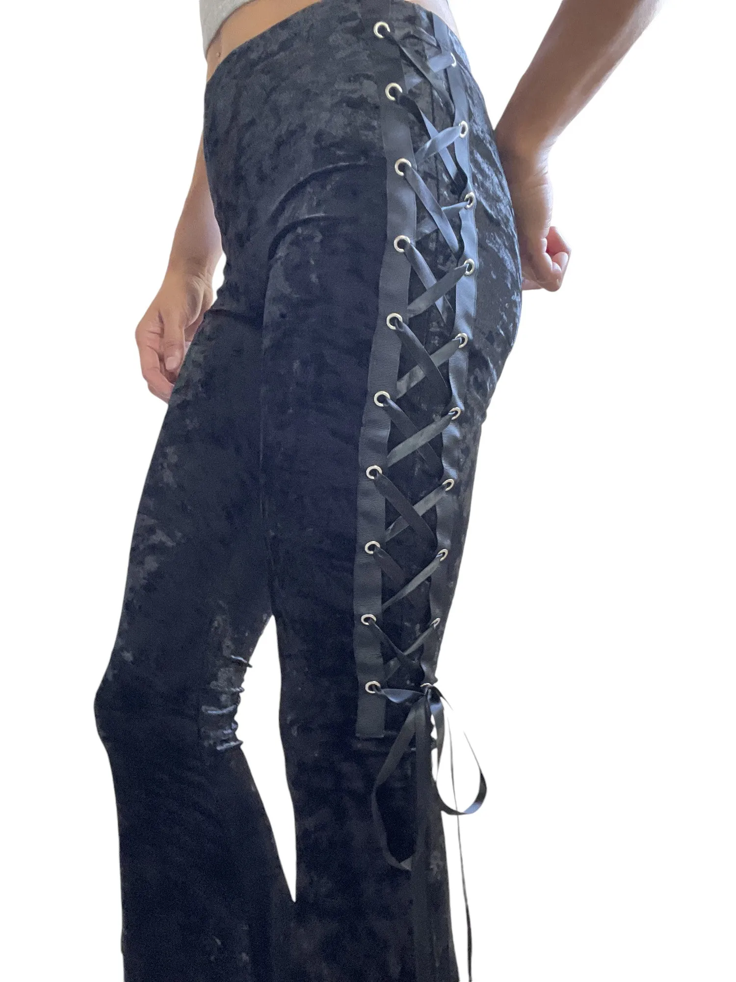 Gothic Black Crushed Velvet Side Corset Bell Bottoms Flared Pants