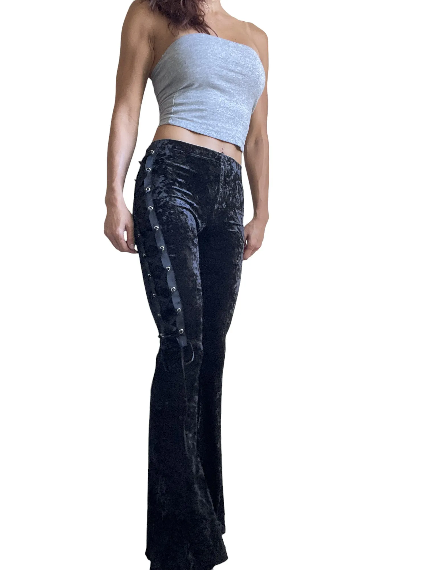 Gothic Black Crushed Velvet Side Corset Bell Bottoms Flared Pants
