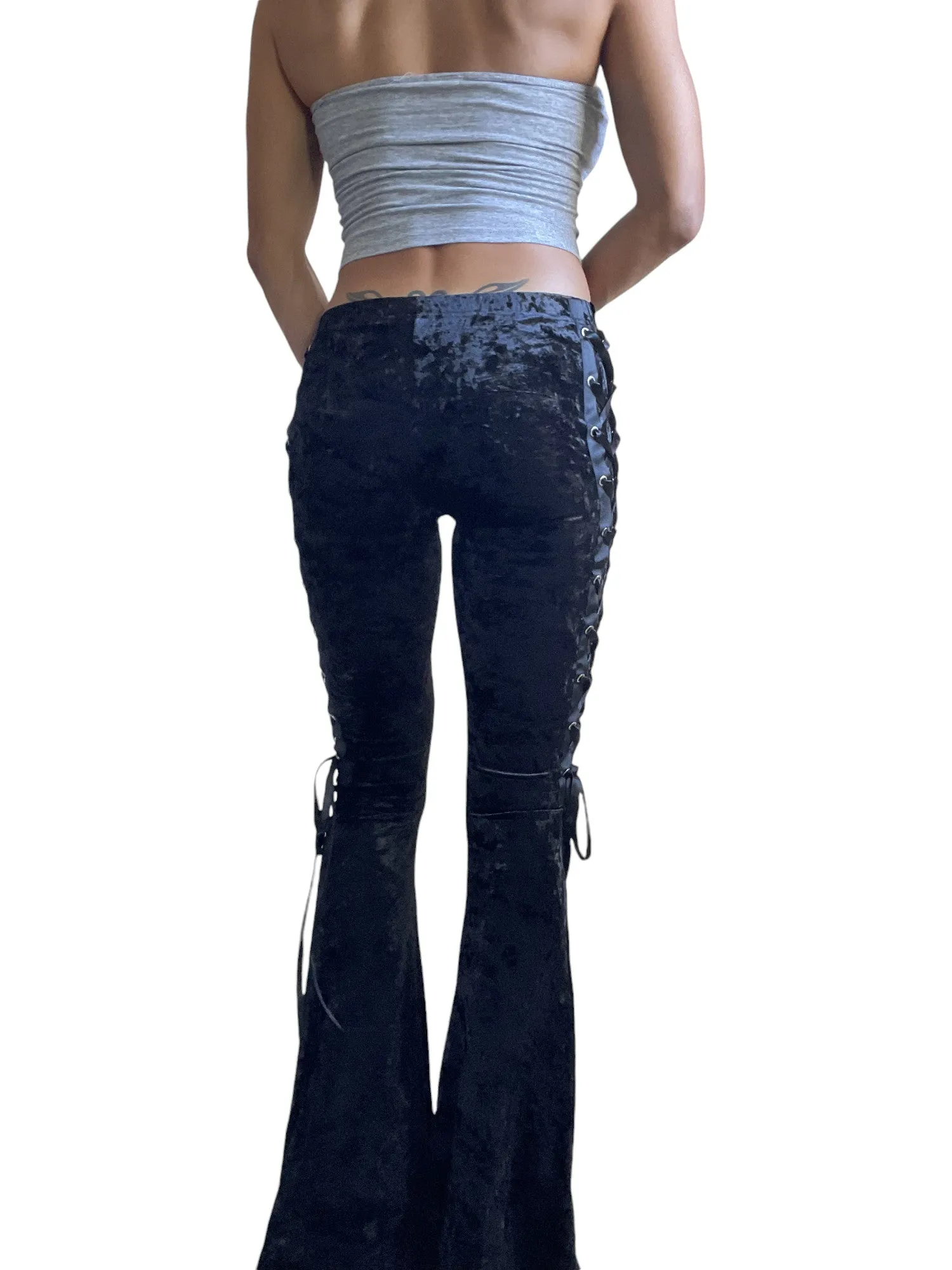 Gothic Black Crushed Velvet Side Corset Bell Bottoms Flared Pants