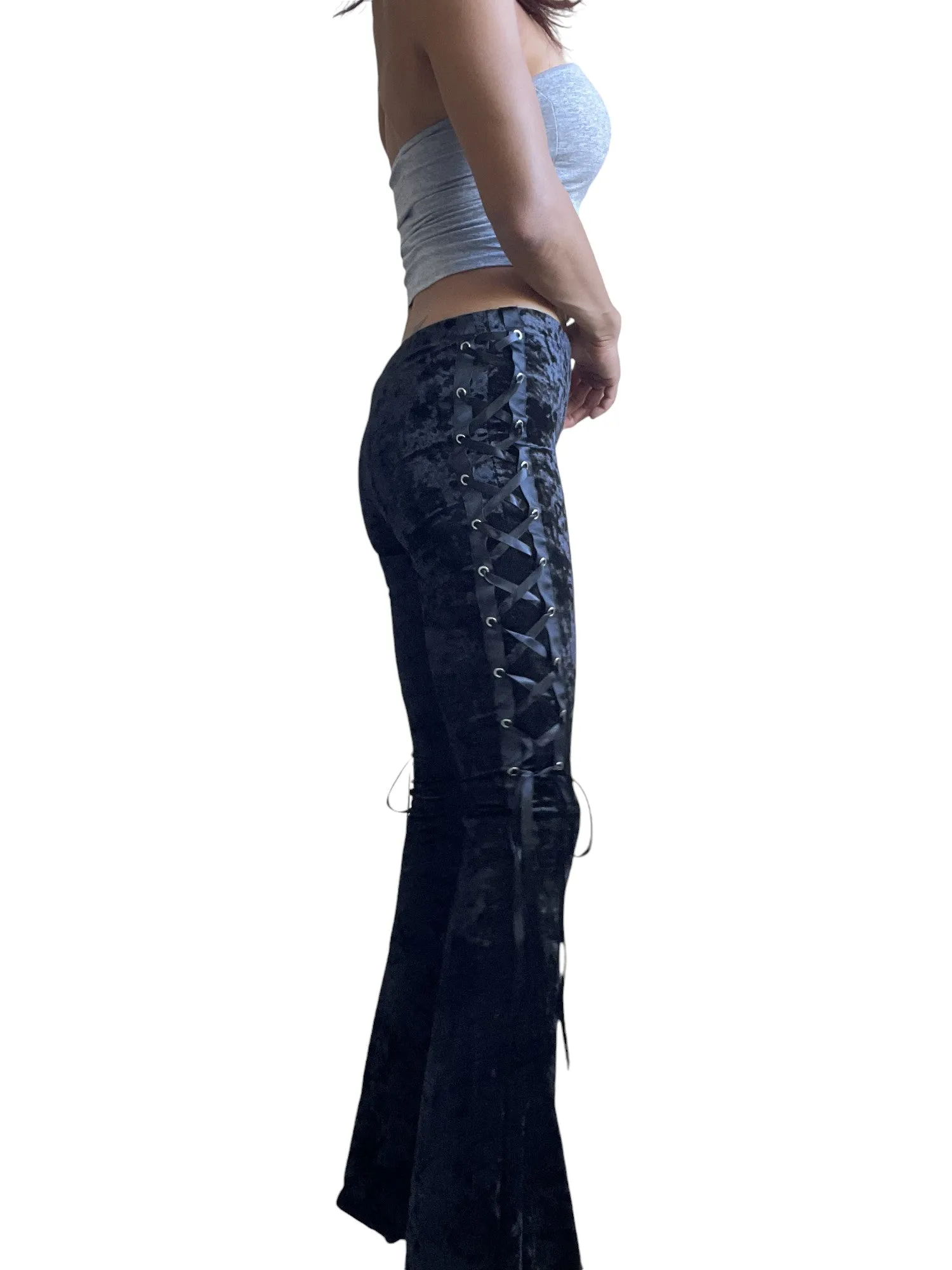Gothic Black Crushed Velvet Side Corset Bell Bottoms Flared Pants