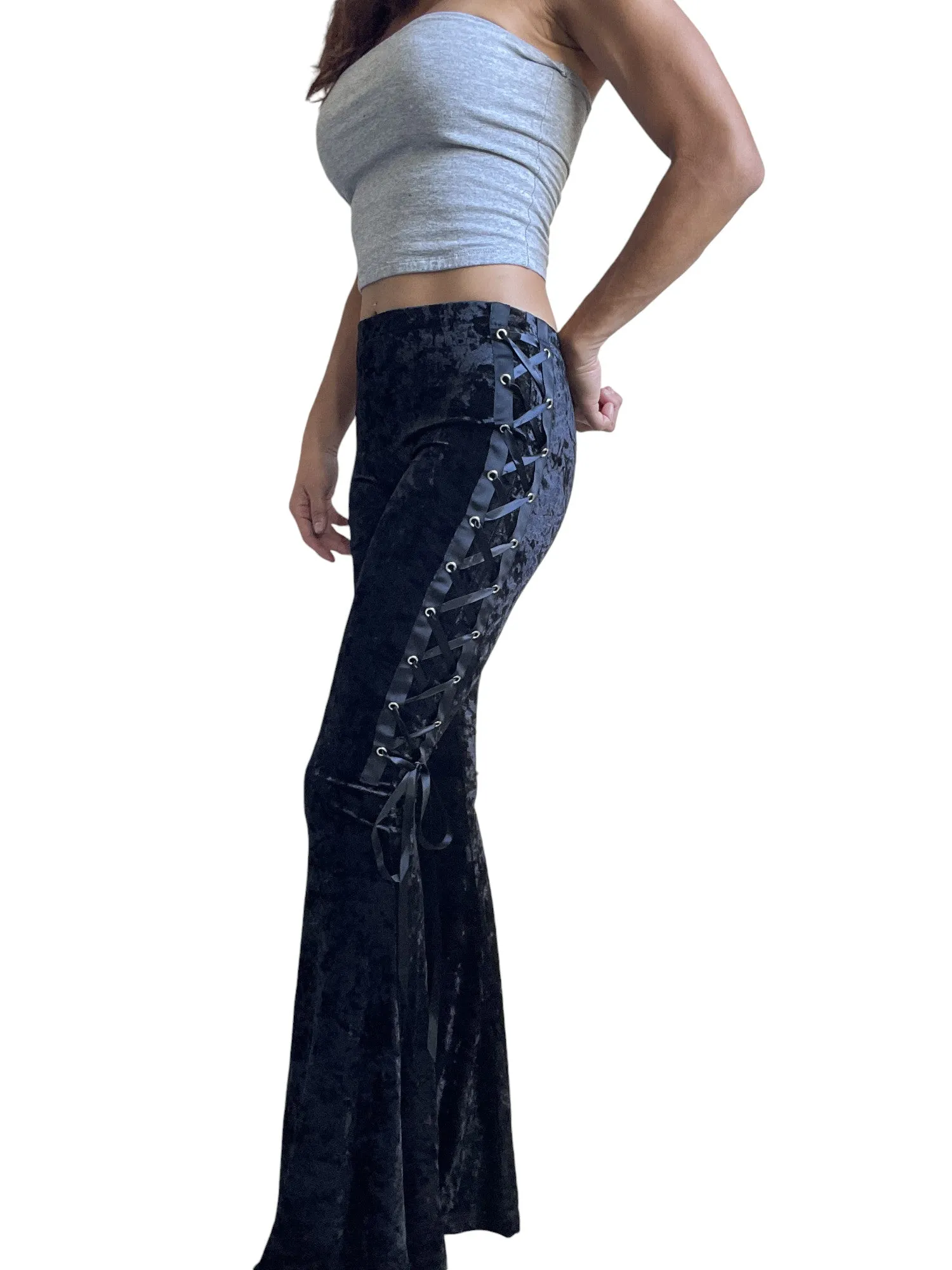 Gothic Black Crushed Velvet Side Corset Bell Bottoms Flared Pants