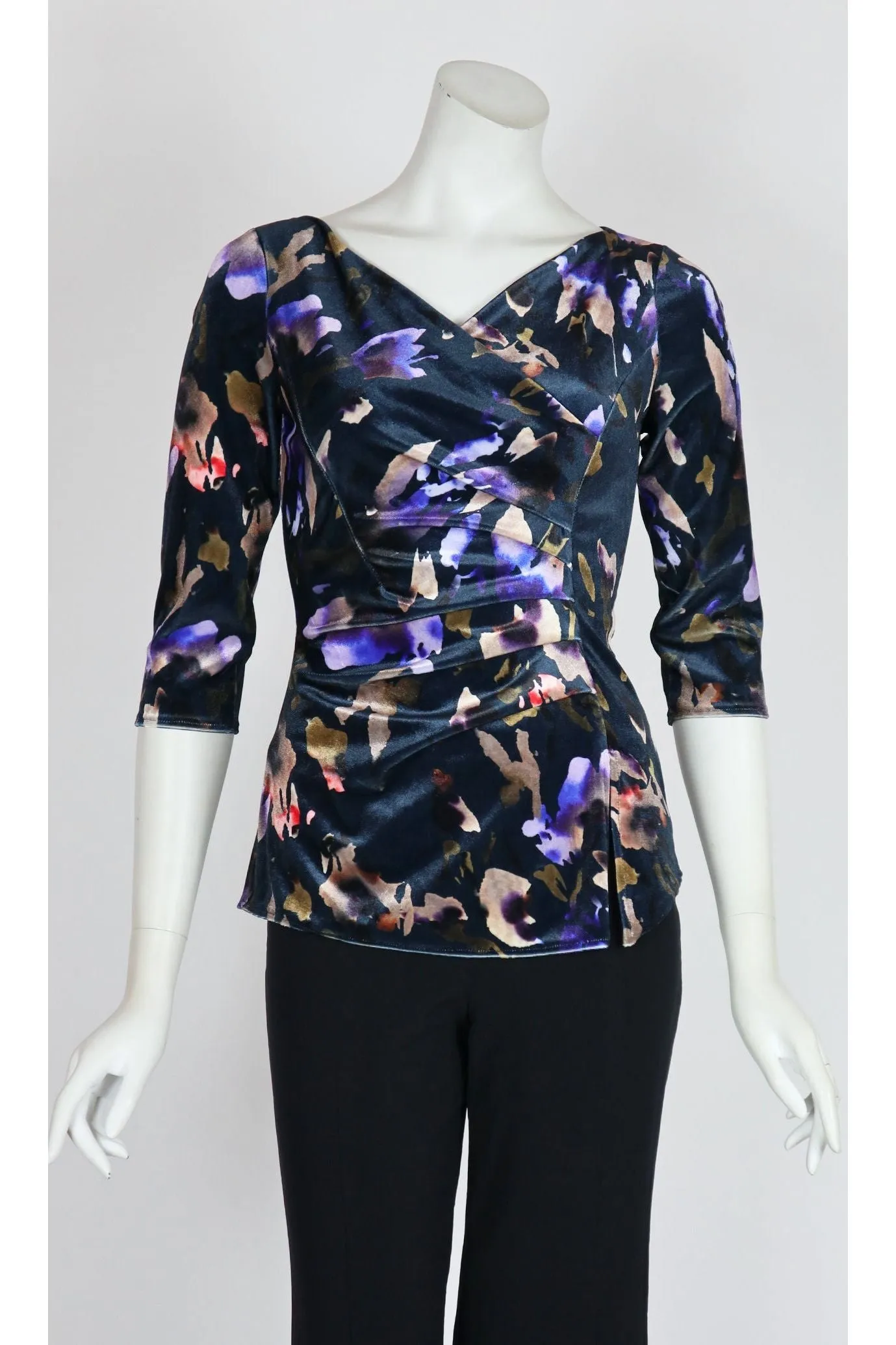 ICELYN Crossover with Ruched Side 3/4 Sleeves Printed Velvet Top
