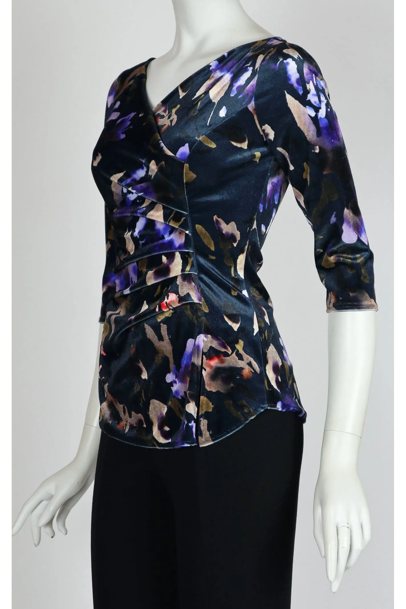 ICELYN Crossover with Ruched Side 3/4 Sleeves Printed Velvet Top