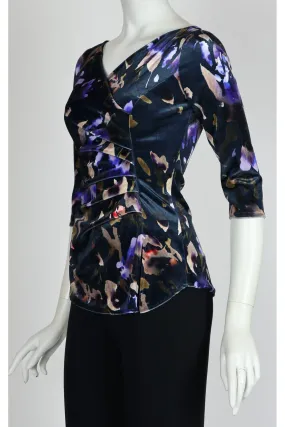 ICELYN Crossover with Ruched Side 3/4 Sleeves Printed Velvet Top