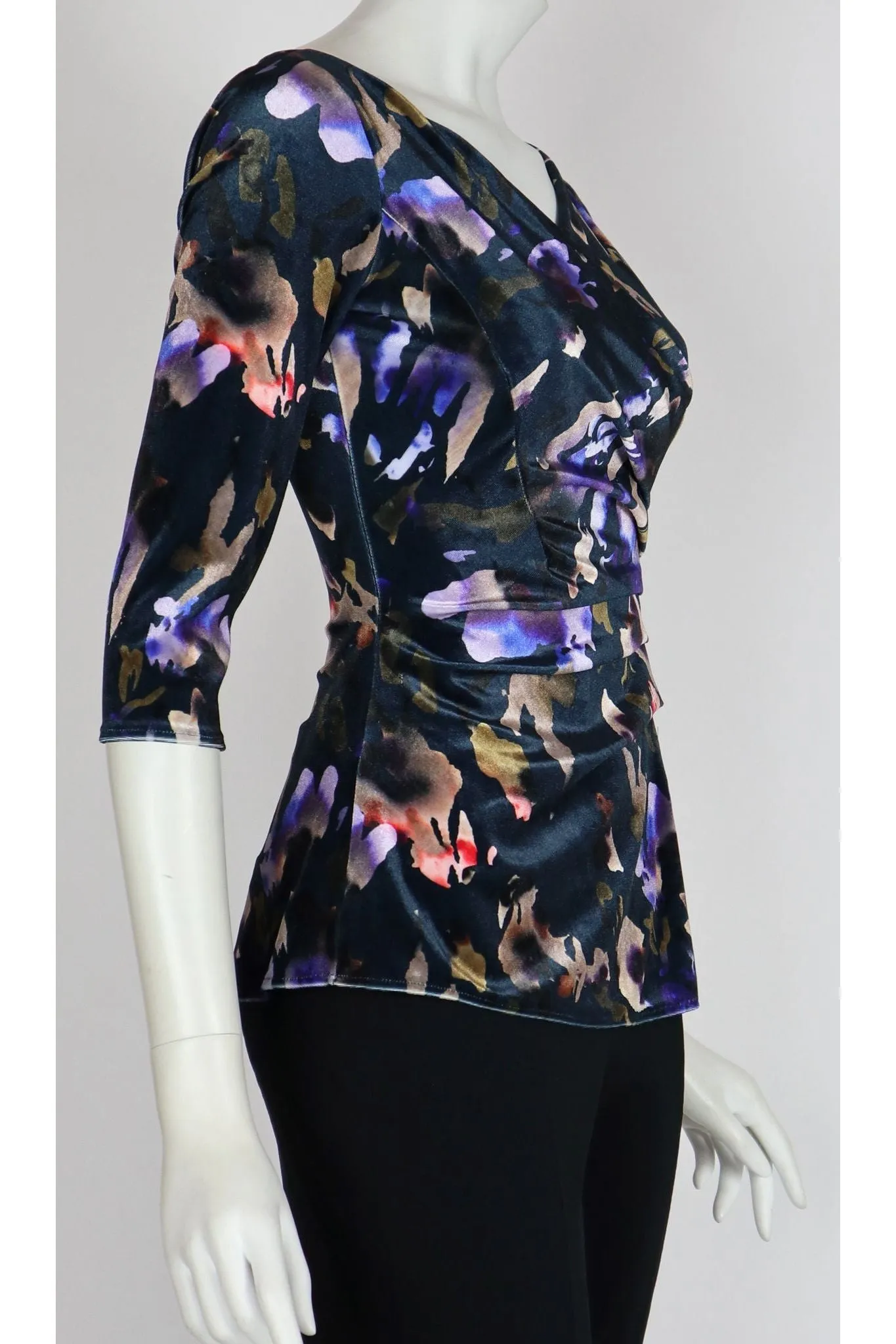 ICELYN Crossover with Ruched Side 3/4 Sleeves Printed Velvet Top