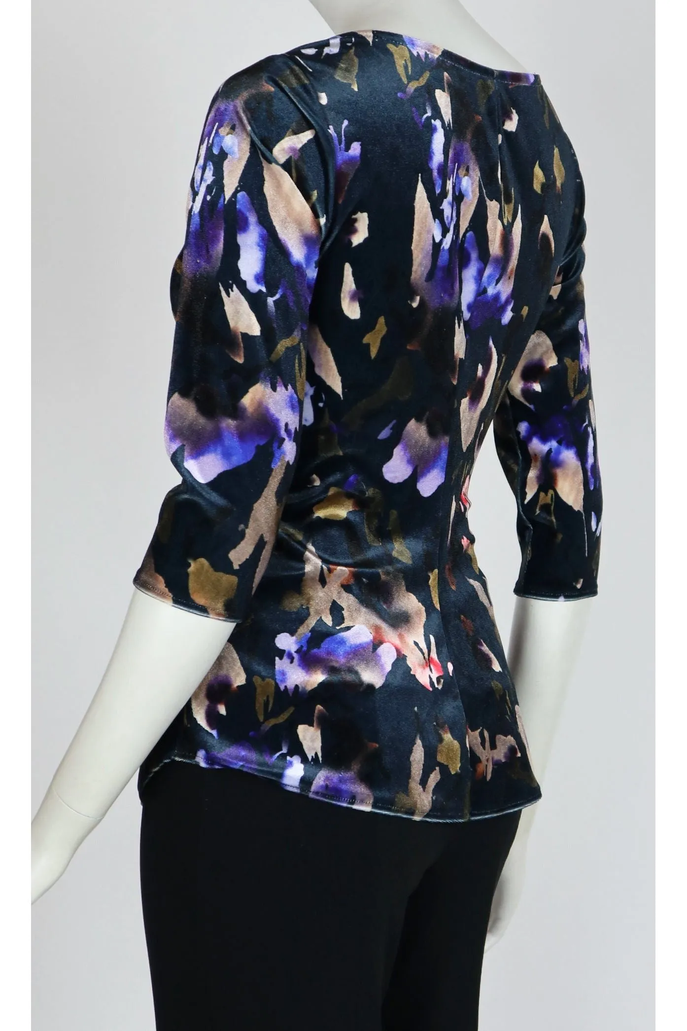 ICELYN Crossover with Ruched Side 3/4 Sleeves Printed Velvet Top