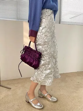 Metallic Texture Silver High Waisted A-Line Skirt Women