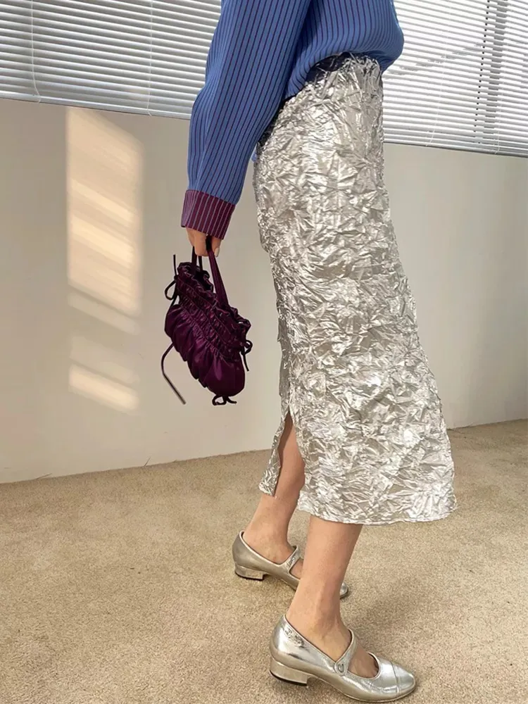 Metallic Texture Silver High Waisted A-Line Skirt Women