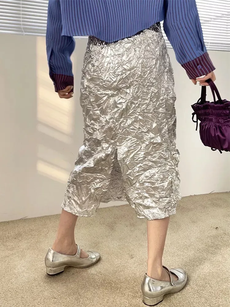 Metallic Texture Silver High Waisted A-Line Skirt Women