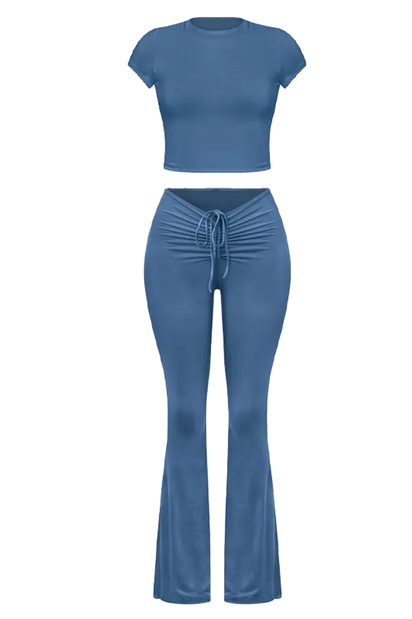 Navy Ruched Flare Pants & Top Set