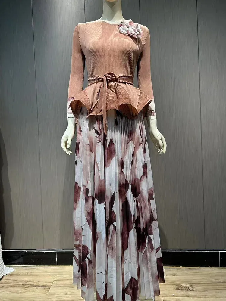 Ruffled Pleated A-line Skirts 2 Pieces Set Women Fashion Ruffle Hem Flower Top