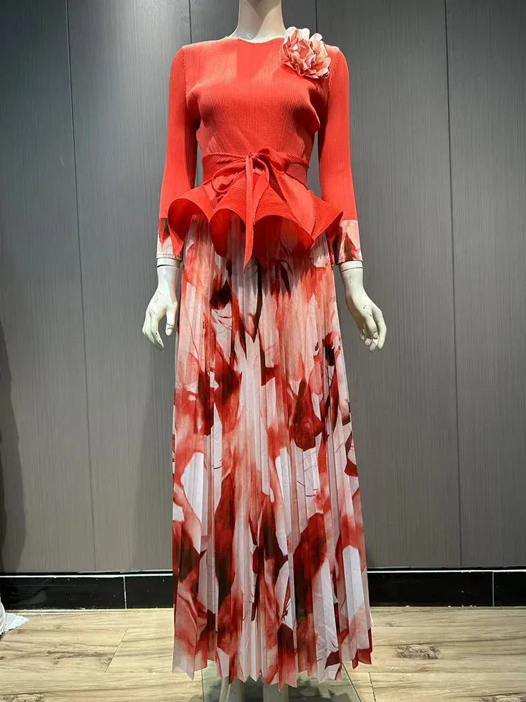 Ruffled Pleated A-line Skirts 2 Pieces Set Women Fashion Ruffle Hem Flower Top