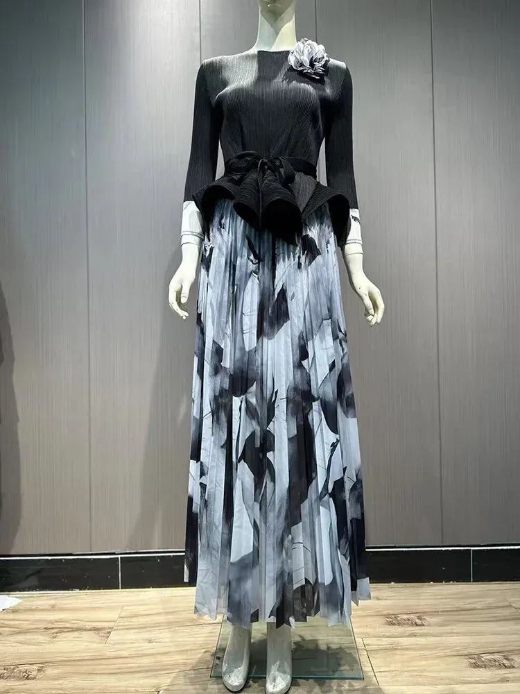 Ruffled Pleated A-line Skirts 2 Pieces Set Women Fashion Ruffle Hem Flower Top