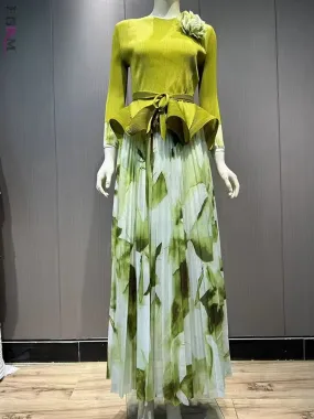 Ruffled Pleated A-line Skirts 2 Pieces Set Women Fashion Ruffle Hem Flower Top