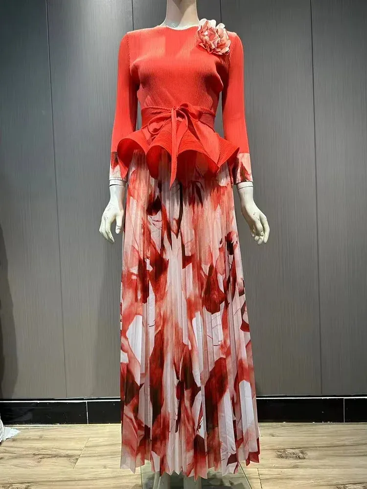 Ruffled Pleated A-line Skirts 2 Pieces Set Women Fashion Ruffle Hem Flower Top
