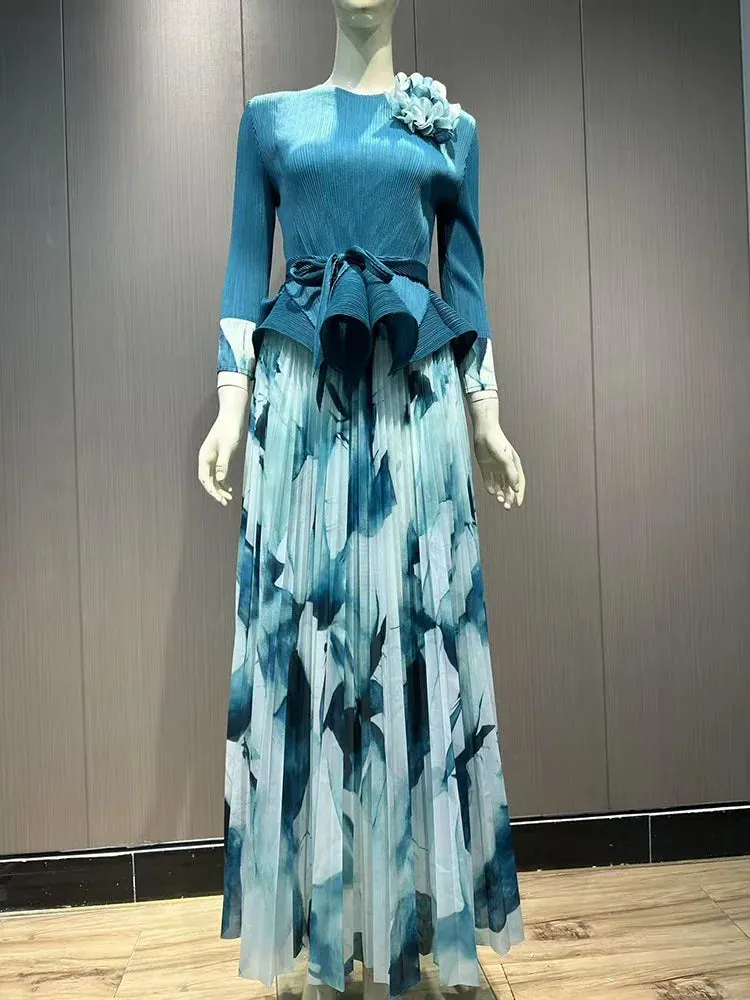 Ruffled Pleated A-line Skirts 2 Pieces Set Women Fashion Ruffle Hem Flower Top