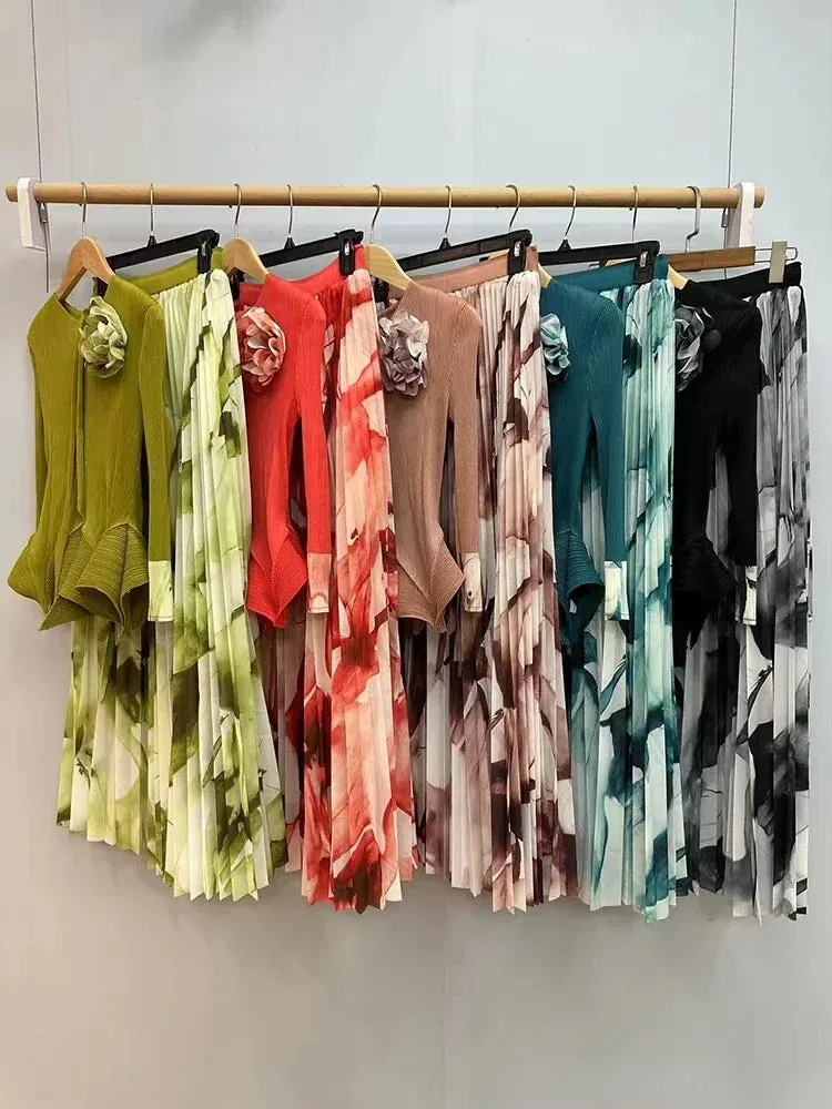 Ruffled Pleated A-line Skirts 2 Pieces Set Women Fashion Ruffle Hem Flower Top