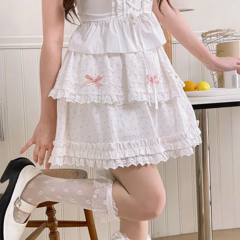 Sweet Girl Style Pink Polka Dot Print Cake Skirt