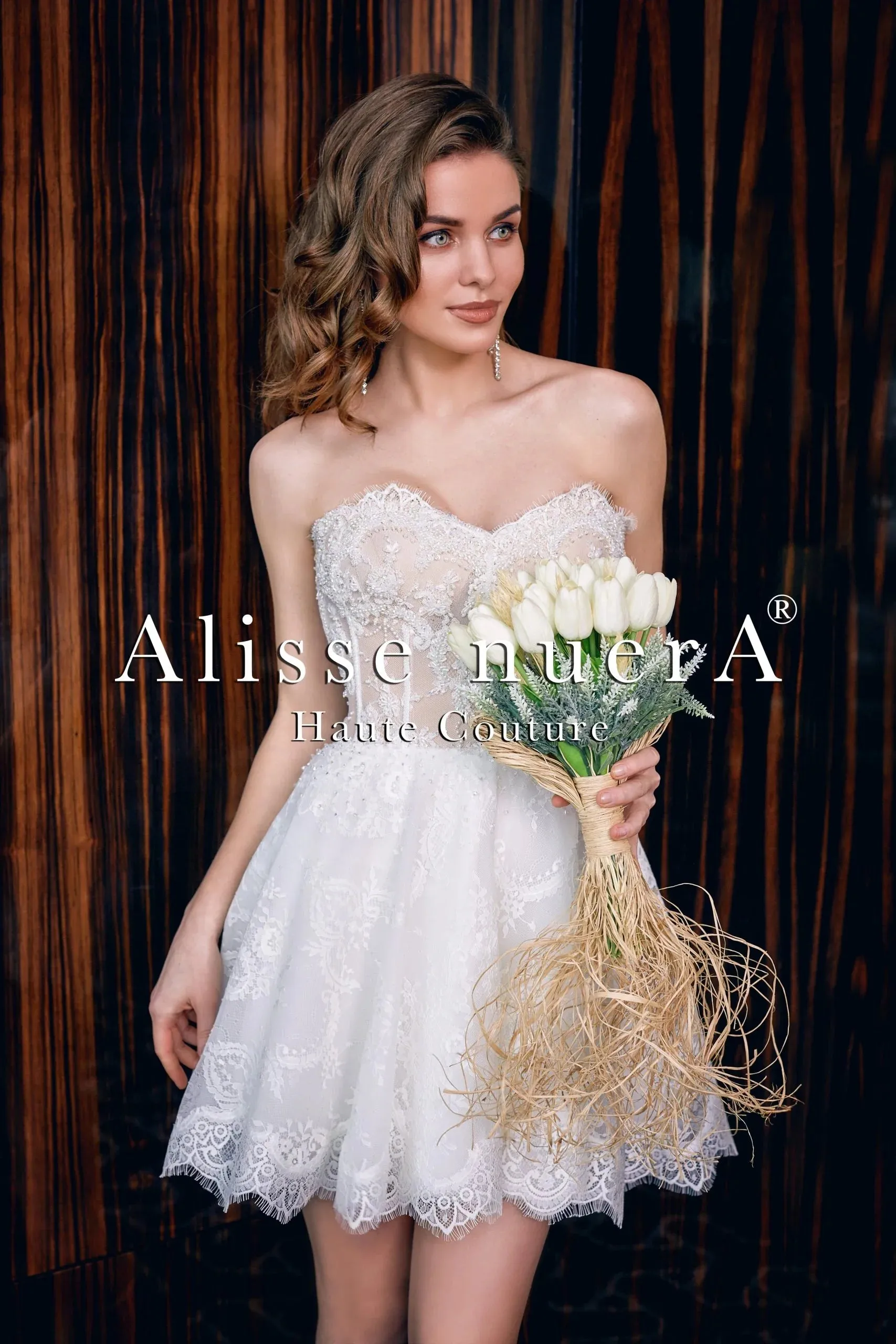 Two Piece Strapless Lace Mini Bridal Dress with Removable Tulle Overlay Skirt