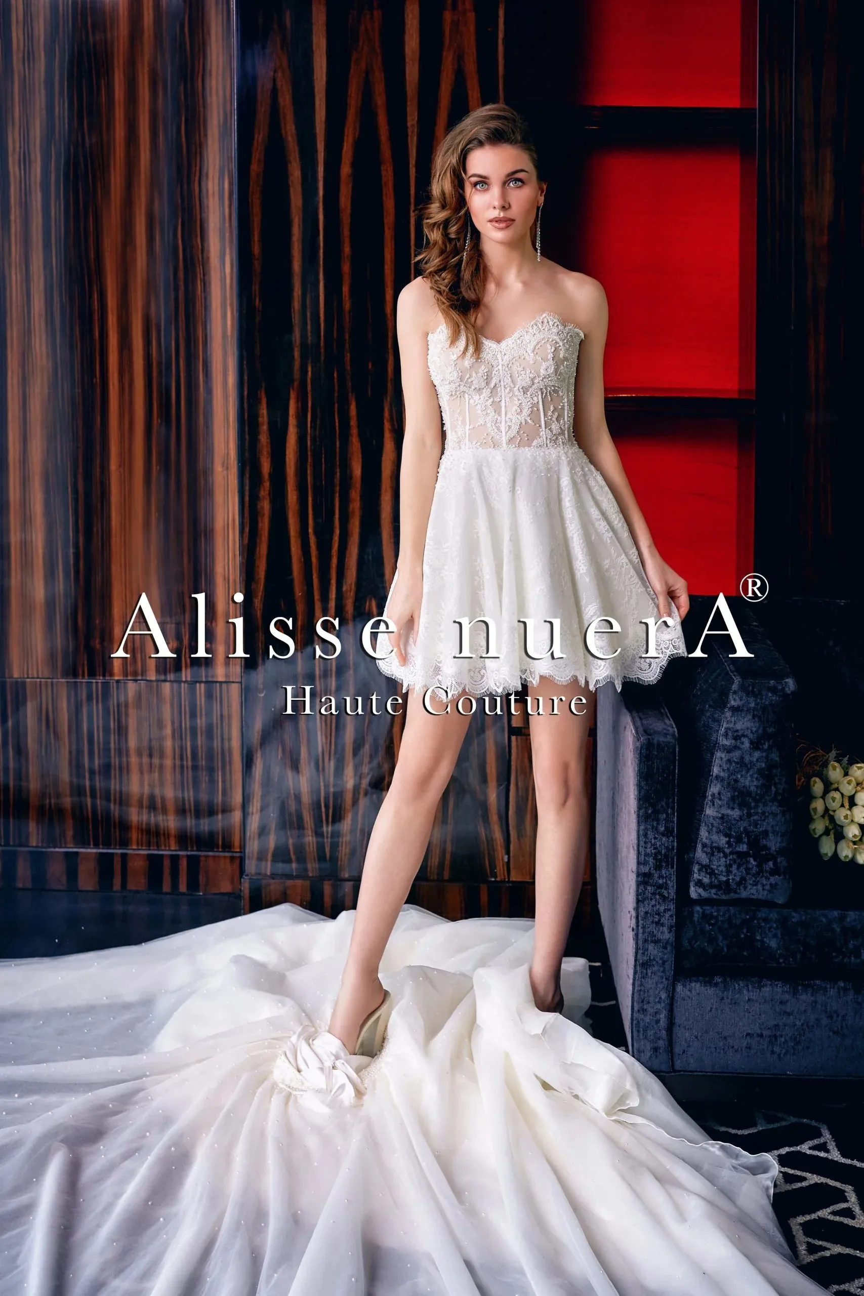 Two Piece Strapless Lace Mini Bridal Dress with Removable Tulle Overlay Skirt