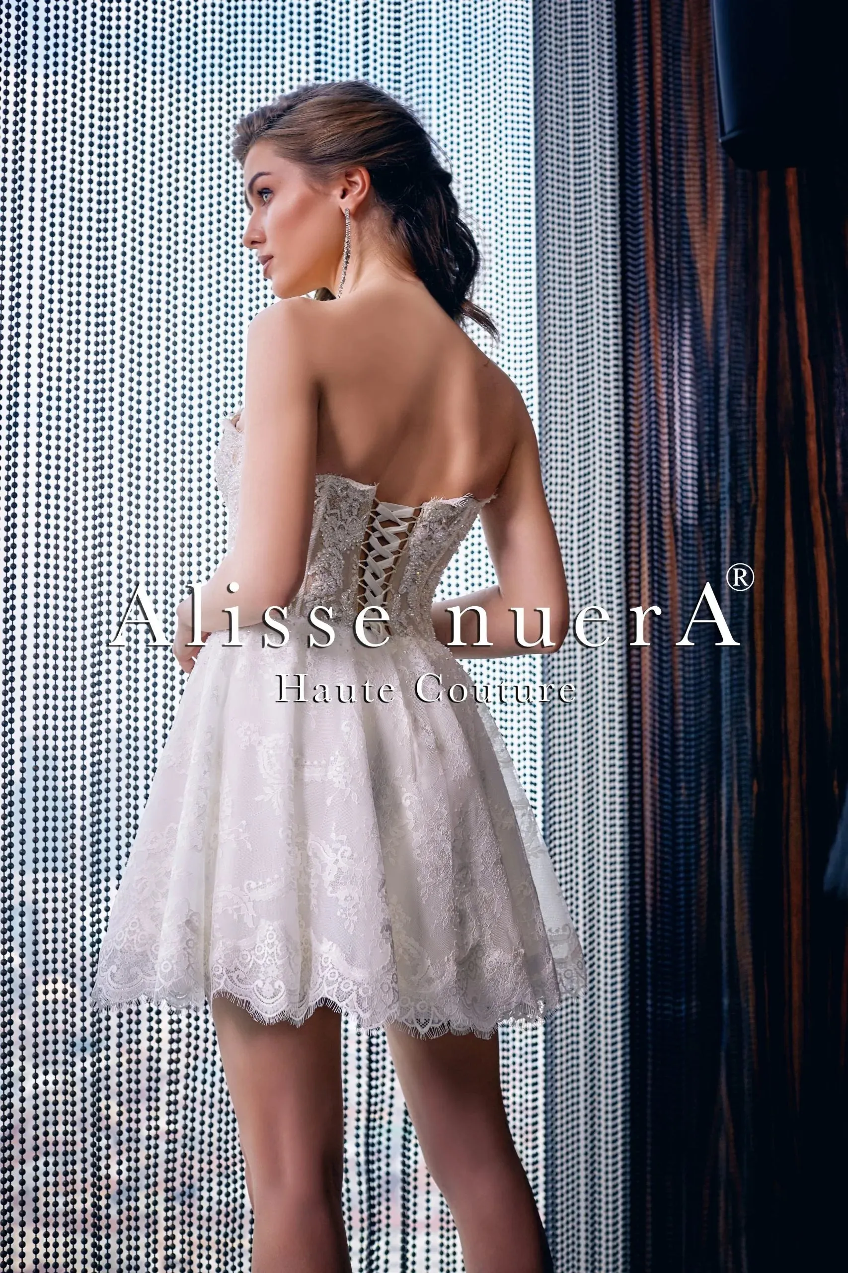 Two Piece Strapless Lace Mini Bridal Dress with Removable Tulle Overlay Skirt