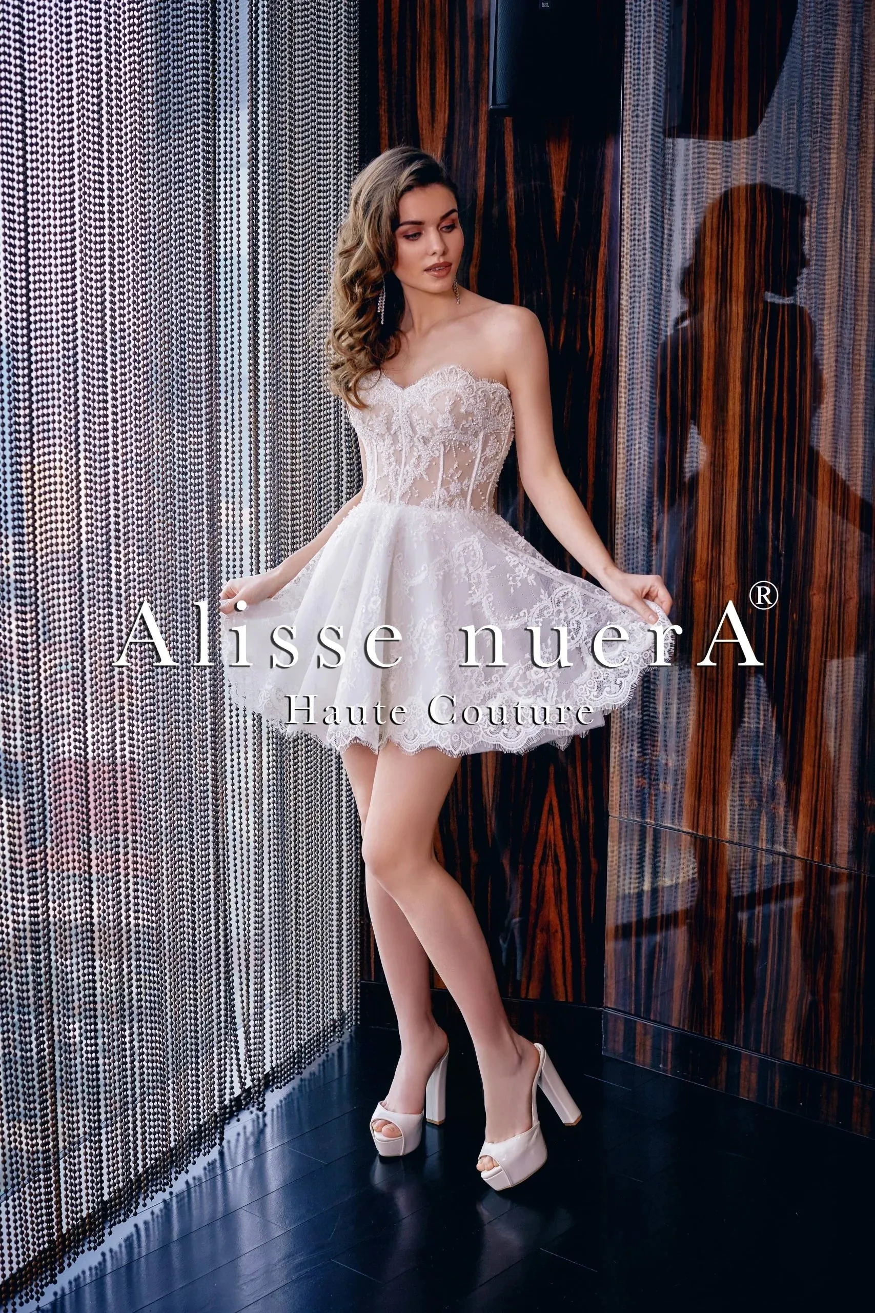 Two Piece Strapless Lace Mini Bridal Dress with Removable Tulle Overlay Skirt