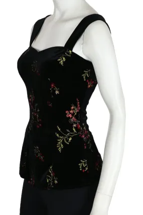 VICTORIA Sweetheart Neckline Wide Strap Embroidered Velvet Top Black