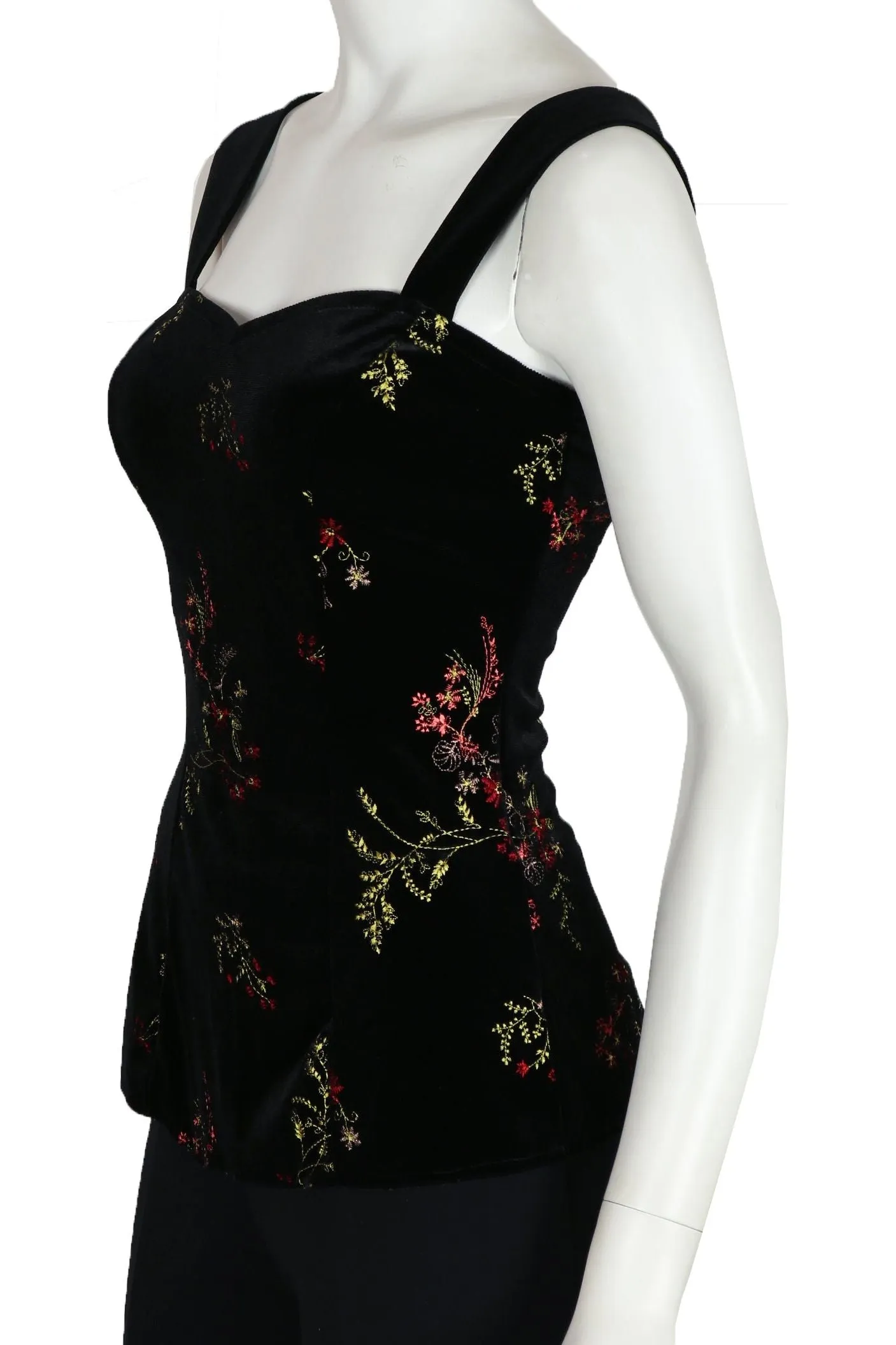 VICTORIA Sweetheart Neckline Wide Strap Embroidered Velvet Top Black