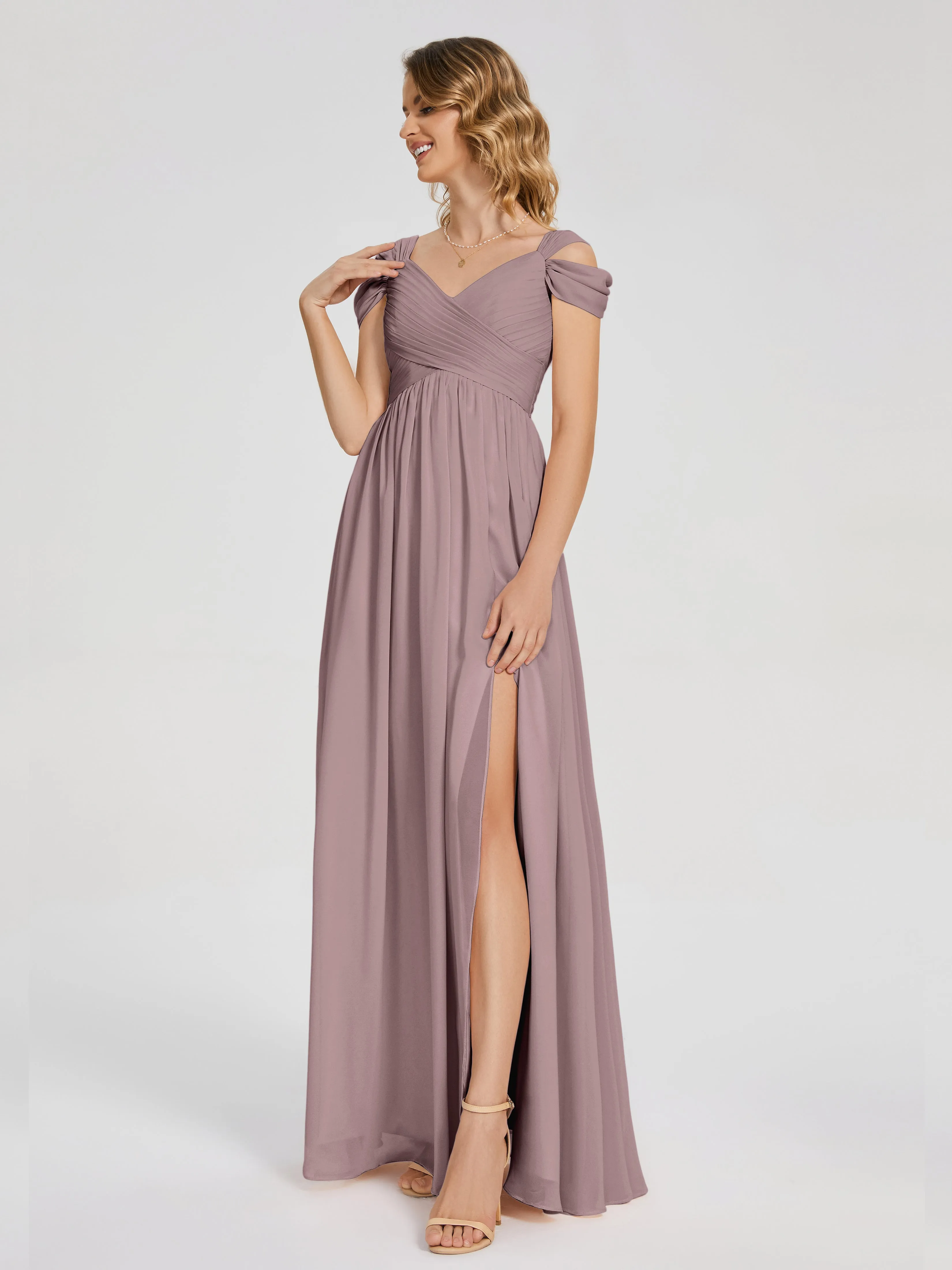 Vintage Mauve Bridesmaid Dresses Charlee Flowy Split Chiffon Bridesmaid Dresses