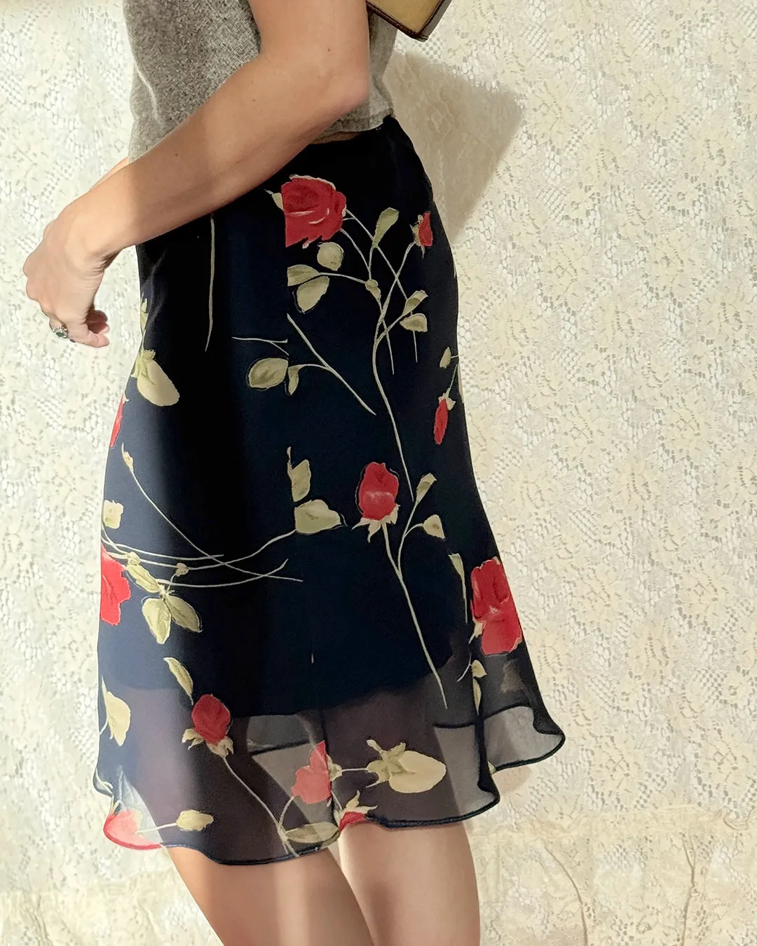 Vintage Rose Print Bias Cut Chiffon Skirt